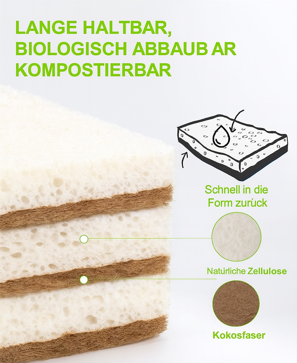 Biologisch abbaubarer Küchenschwamm mit kompostierbarem Kokosnuss-Schrubber
